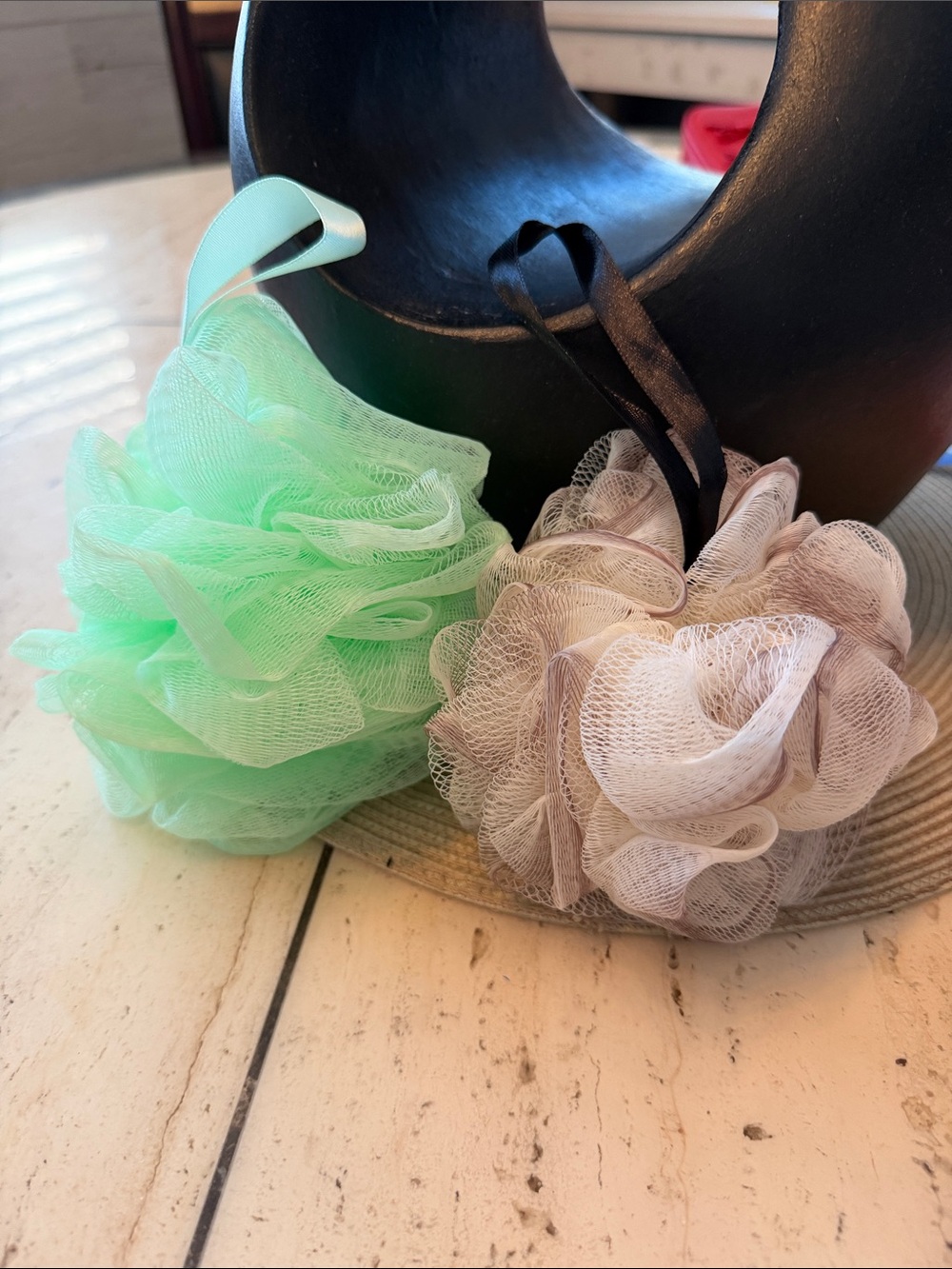 New Kids Bath Pouf Set - Mint Green & Light Beige Shower Puff Set of 2
